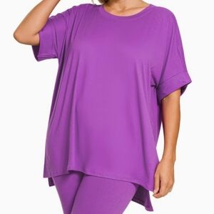 Oversized Short Sleeve Tunic Top in Bright Purple With Matching Shorts